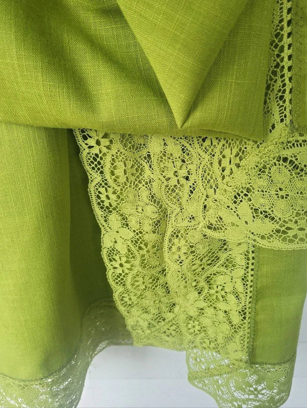 Vintage MCM Avacado Chartruese Green Lace Trimmed Rectangle Tablecloth 80